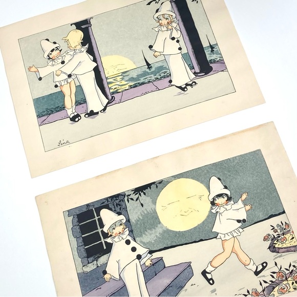 Vintage French Art Deco Pochoir original pen and ink baby Kewpie clown prints - Picture 10 of 15